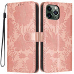 Capa de telemóvel em pele vegana com relevo de girassol e cordão preto pequeno, Para iPhone 14 Pro Max, Para iPhone 13 Pro Max, Para iPhone 13 Pro, Para iPhone 13, Para iPhone 12 / 12 Pro, Para iPhone 12 Pro Max, Para iPhone 11 Pro Max, Para iPhone 11