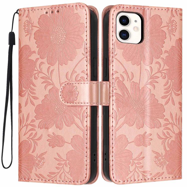 Capa de telemóvel em pele vegana com relevo de girassol e cordão preto pequeno, Para iPhone 14 Pro Max, Para iPhone 13 Pro Max, Para iPhone 13 Pro, Para iPhone 13, Para iPhone 12 / 12 Pro, Para iPhone 12 Pro Max, Para iPhone 11 Pro Max, Para iPhone 11