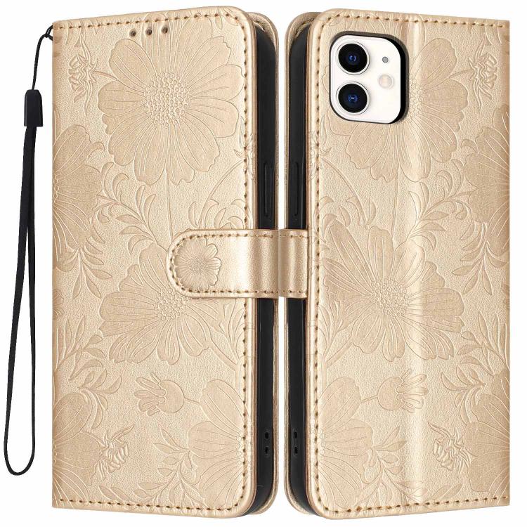 Capa de telemóvel em pele vegana com relevo de girassol e cordão preto pequeno, Para iPhone 14 Pro Max, Para iPhone 13 Pro Max, Para iPhone 13 Pro, Para iPhone 13, Para iPhone 12 / 12 Pro, Para iPhone 12 Pro Max, Para iPhone 11 Pro Max, Para iPhone 11