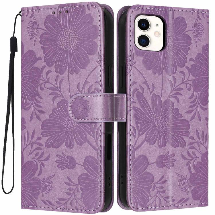 Capa de telemóvel em pele vegana com relevo de girassol e cordão preto pequeno, Para iPhone 14 Pro Max, Para iPhone 13 Pro Max, Para iPhone 13 Pro, Para iPhone 13, Para iPhone 12 / 12 Pro, Para iPhone 12 Pro Max, Para iPhone 11 Pro Max, Para iPhone 11