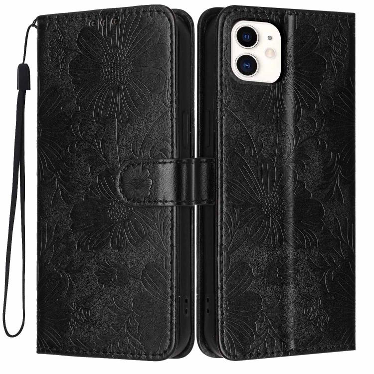 Capa de telemóvel em pele vegana com relevo de girassol e cordão preto pequeno, Para iPhone 14 Pro Max, Para iPhone 13 Pro Max, Para iPhone 13 Pro, Para iPhone 13, Para iPhone 12 / 12 Pro, Para iPhone 12 Pro Max, Para iPhone 11 Pro Max, Para iPhone 11