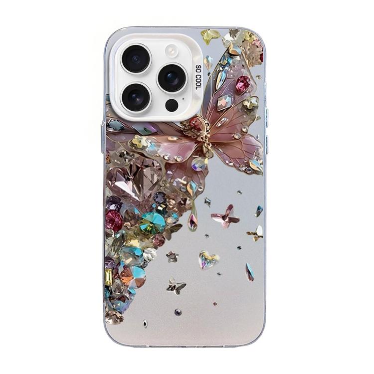 Capa de Telemóvel Híbrida em PC com TPU e Revestimento Prateado com Padrão de Borboleta, Para iPhone 17e / 16e, Para iPhone 17 Pro Max, Para iPhone 17 Pro, Para iPhone 17, Para iPhone Air, Para iPhone 16 Pro Max