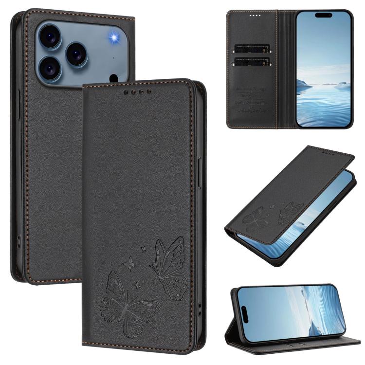 Capa para telemóvel magnética forte com dupla borboleta e RFID em pele vegana, Para iPhone 17e / 16e, Para iPhone 17 Pro Max, Para iPhone 17 Pro, Para iPhone 17