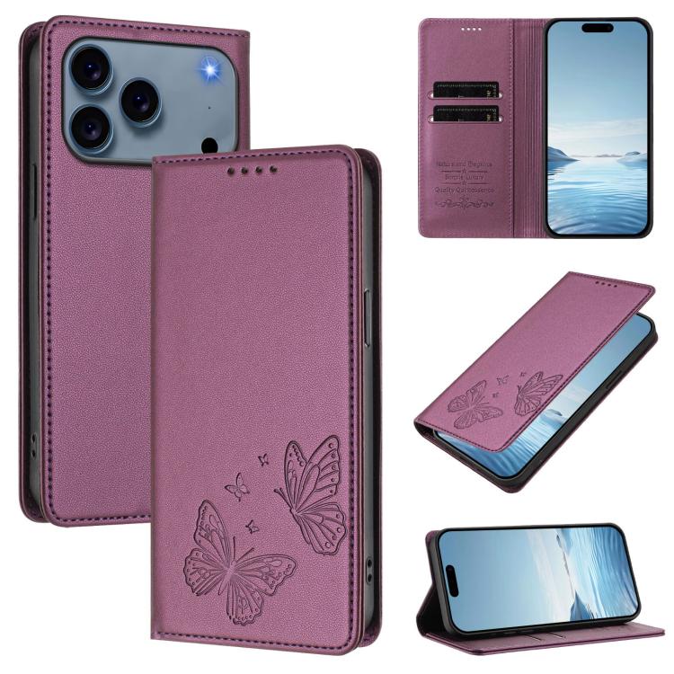 Capa para telemóvel magnética forte com dupla borboleta e RFID em pele vegana, Para iPhone 17e / 16e, Para iPhone 17 Pro Max, Para iPhone 17 Pro, Para iPhone 17