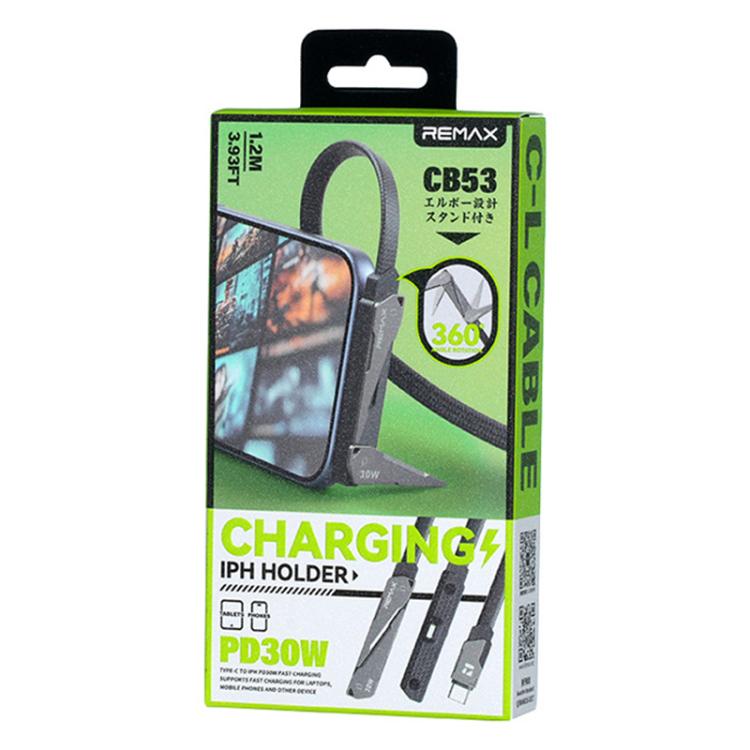 Cabo de dados de carregamento rápido trançado REMAX CB53 1,2m PD30W Type-C para 8 pinos com suporte para telemóvel, Type-C para 8 pinos