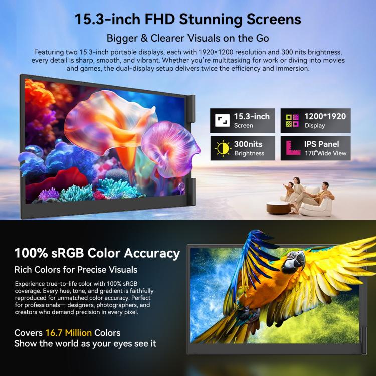 Monitor Portátil de Extensão de Ecrã LCD Duplo Blackview DCM8 15,3 polegadas com Suporte, DCM8