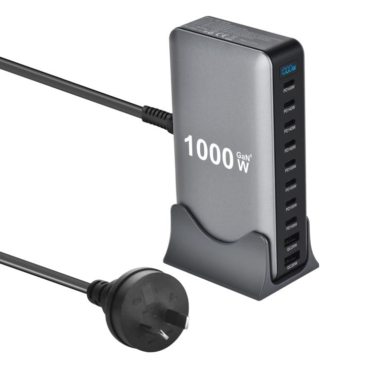 Carregador multifuncional digital YMX-1000W 1000W com 8 portas Type-C e 2 portas USB 10, ficha AU, ficha EU, ficha UK, ficha US