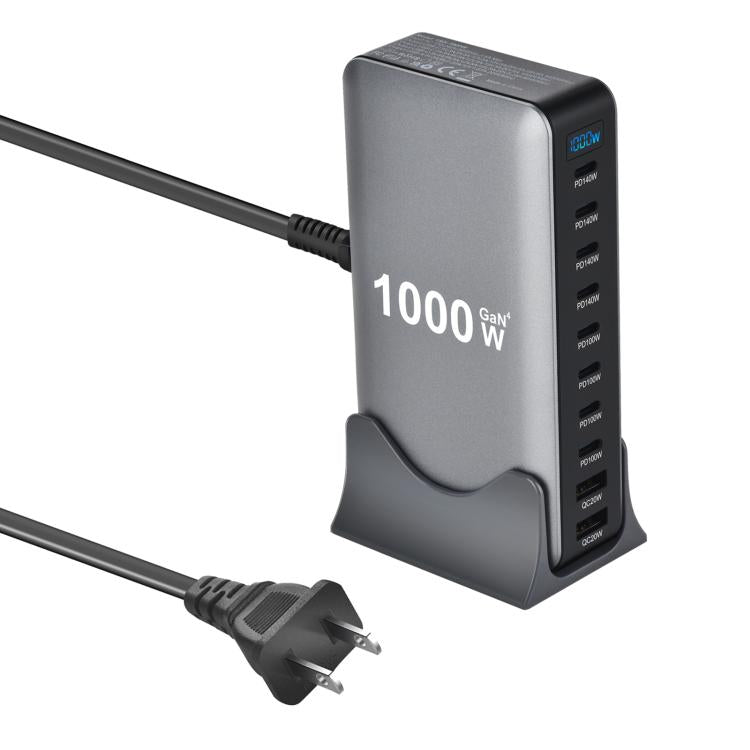 Carregador multifuncional digital YMX-1000W 1000W com 8 portas Type-C e 2 portas USB 10, ficha AU, ficha EU, ficha UK, ficha US