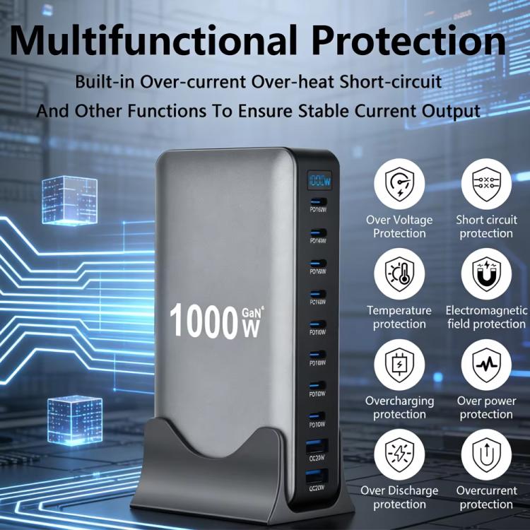 Carregador multifuncional digital YMX-1000W 1000W com 8 portas Type-C e 2 portas USB 10, ficha AU, ficha EU, ficha UK, ficha US