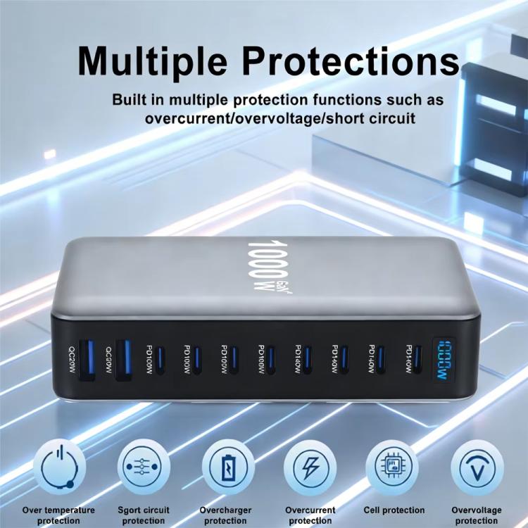 Carregador multifuncional digital YMX-1000W 1000W com 8 portas Type-C e 2 portas USB 10, ficha AU, ficha EU, ficha UK, ficha US