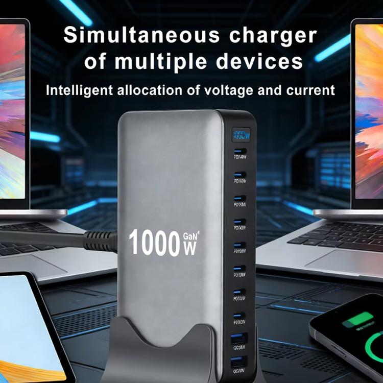 Carregador multifuncional digital YMX-1000W 1000W com 8 portas Type-C e 2 portas USB 10, ficha AU, ficha EU, ficha UK, ficha US
