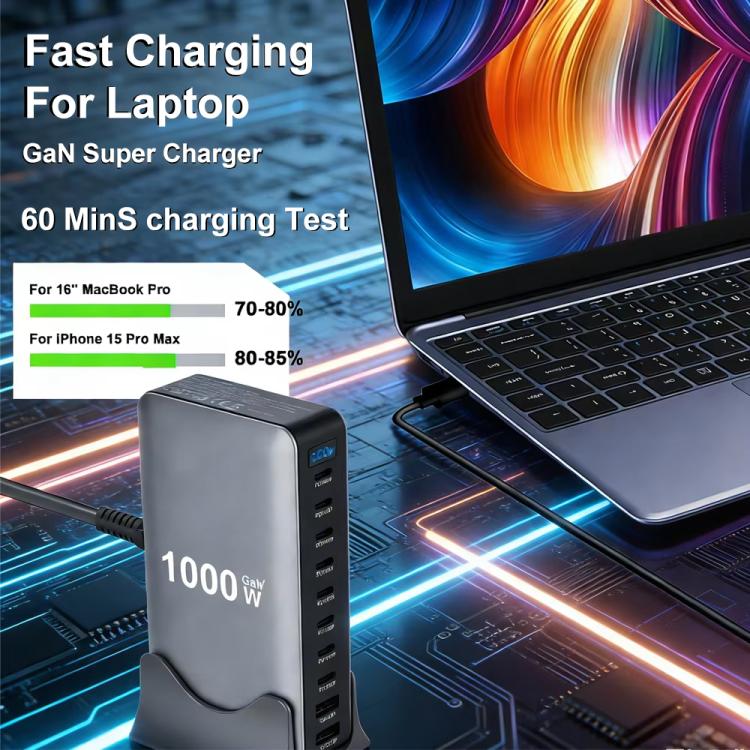 Carregador multifuncional digital YMX-1000W 1000W com 8 portas Type-C e 2 portas USB 10, ficha AU, ficha EU, ficha UK, ficha US