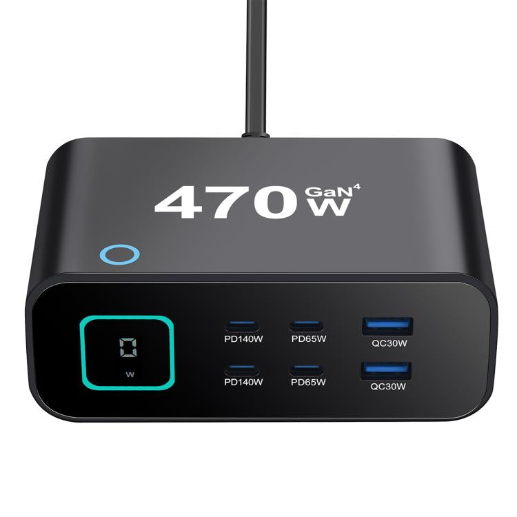 Carregador multifunções GaN YMX-615-LCD470W 470W com 4xType-C e 2xUSB, ficha AU, ficha EU, ficha UK, ficha US