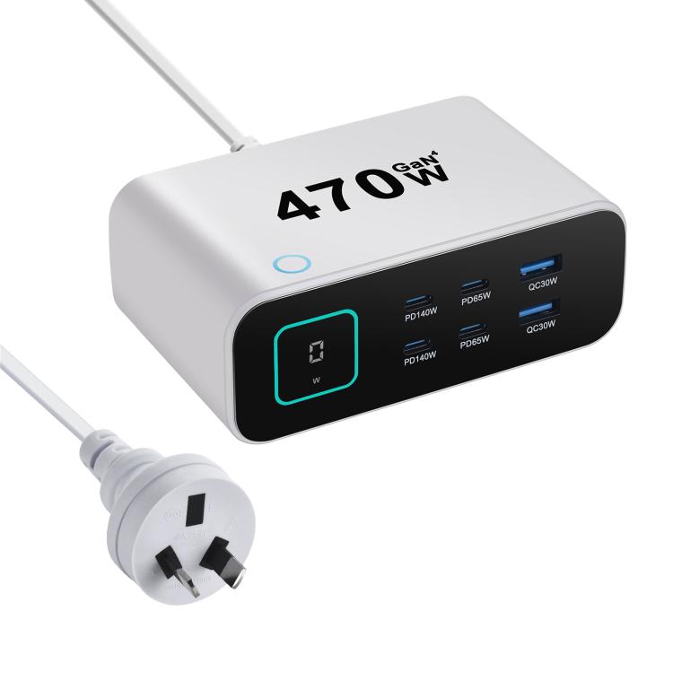 Carregador multifunções GaN YMX-615-LCD470W 470W com 4xType-C e 2xUSB, ficha AU, ficha EU, ficha UK, ficha US