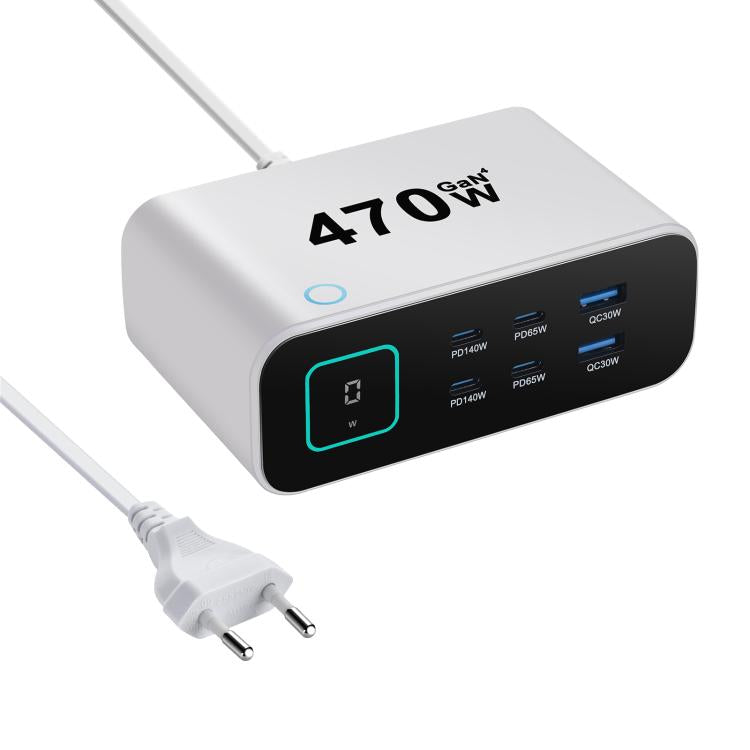 Carregador multifunções GaN YMX-615-LCD470W 470W com 4xType-C e 2xUSB, ficha AU, ficha EU, ficha UK, ficha US