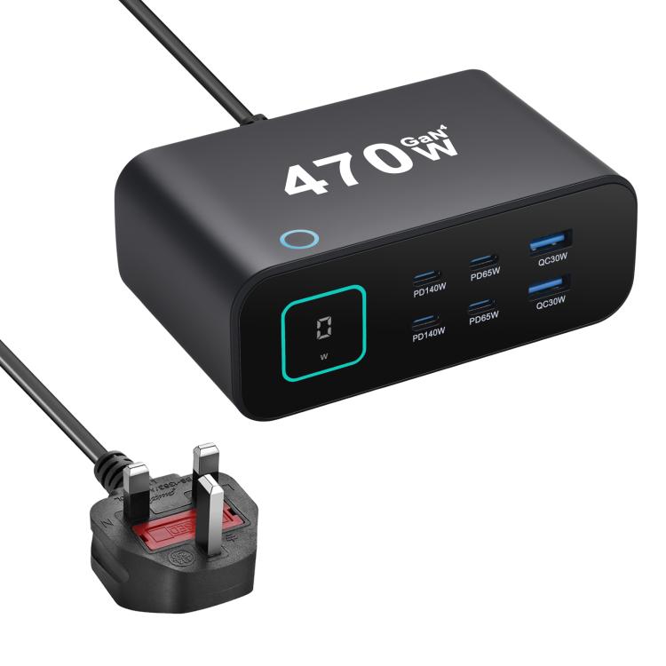 Carregador multifunções GaN YMX-615-LCD470W 470W com 4xType-C e 2xUSB, ficha AU, ficha EU, ficha UK, ficha US