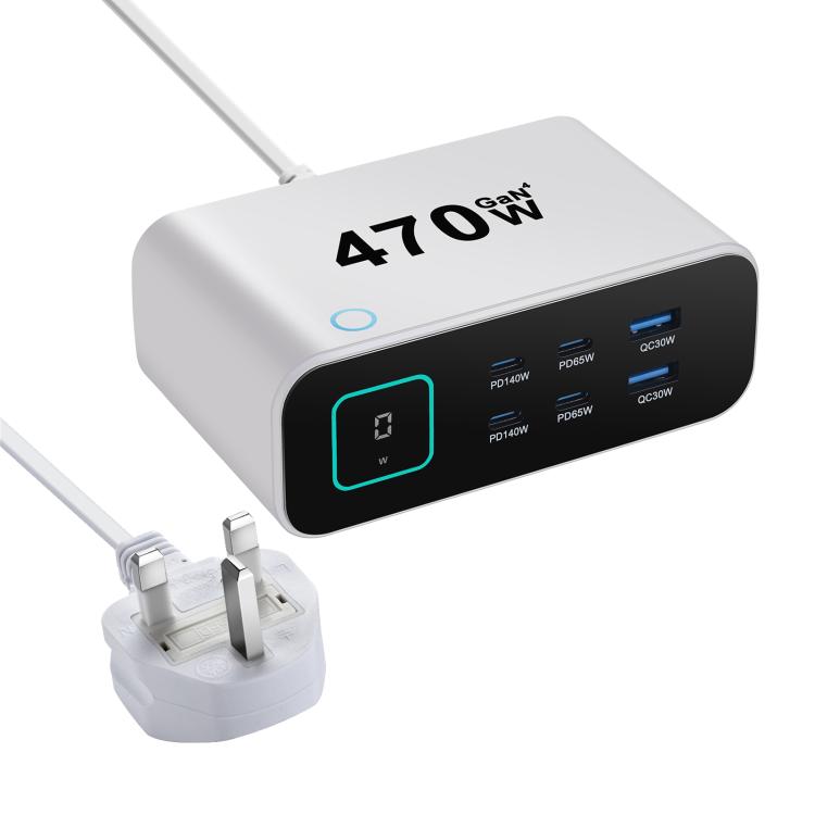Carregador multifunções GaN YMX-615-LCD470W 470W com 4xType-C e 2xUSB, ficha AU, ficha EU, ficha UK, ficha US