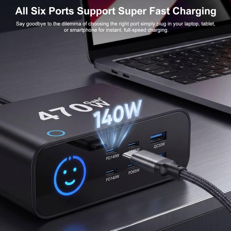 Carregador multifunções GaN YMX-615-LCD470W 470W com 4xType-C e 2xUSB, ficha AU, ficha EU, ficha UK, ficha US