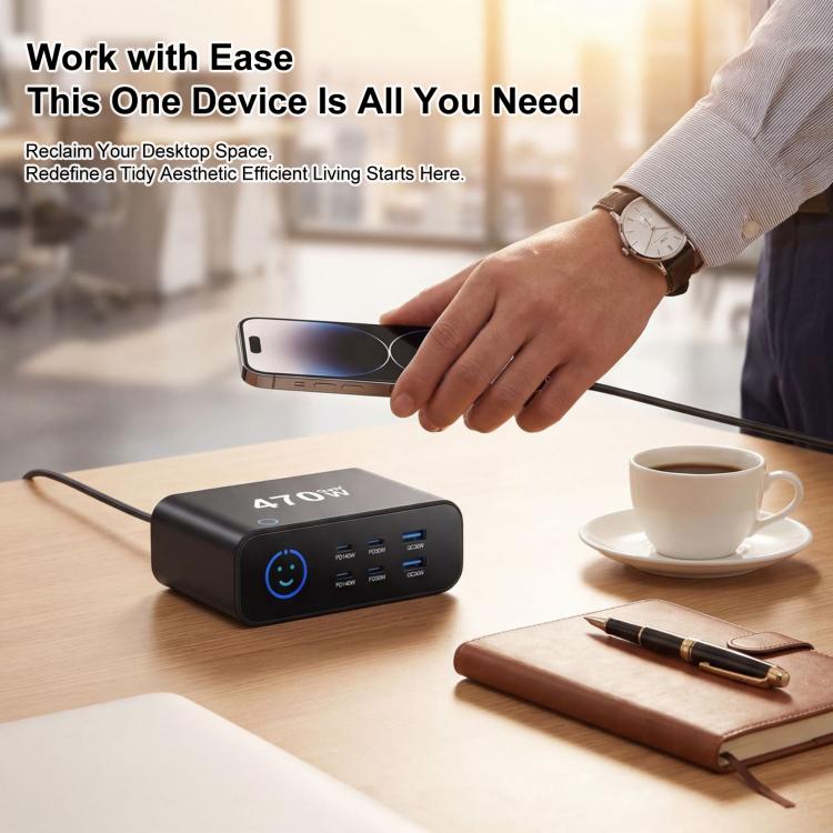 Carregador multifunções GaN YMX-615-LCD470W 470W com 4xType-C e 2xUSB, ficha AU, ficha EU, ficha UK, ficha US