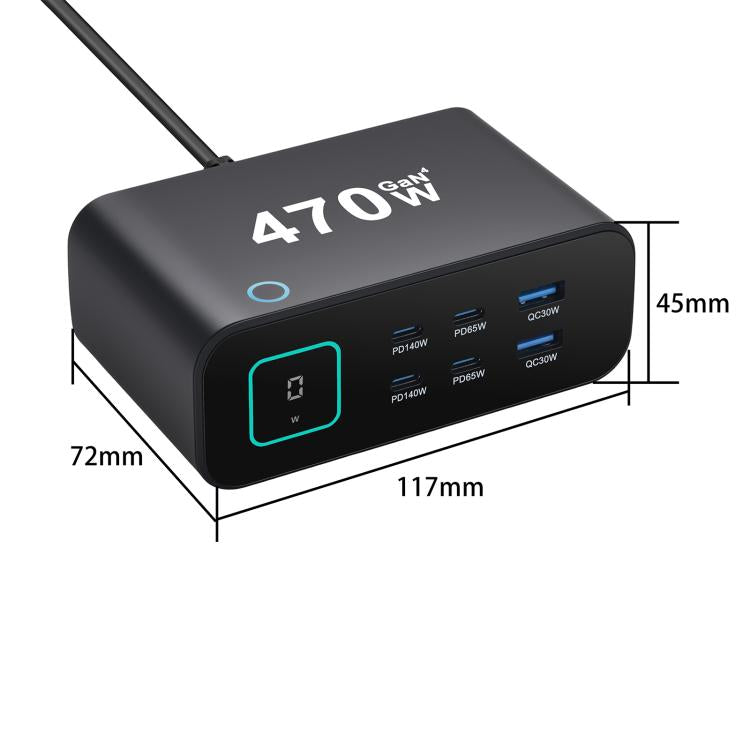Carregador multifunções GaN YMX-615-LCD470W 470W com 4xType-C e 2xUSB, ficha AU, ficha EU, ficha UK, ficha US