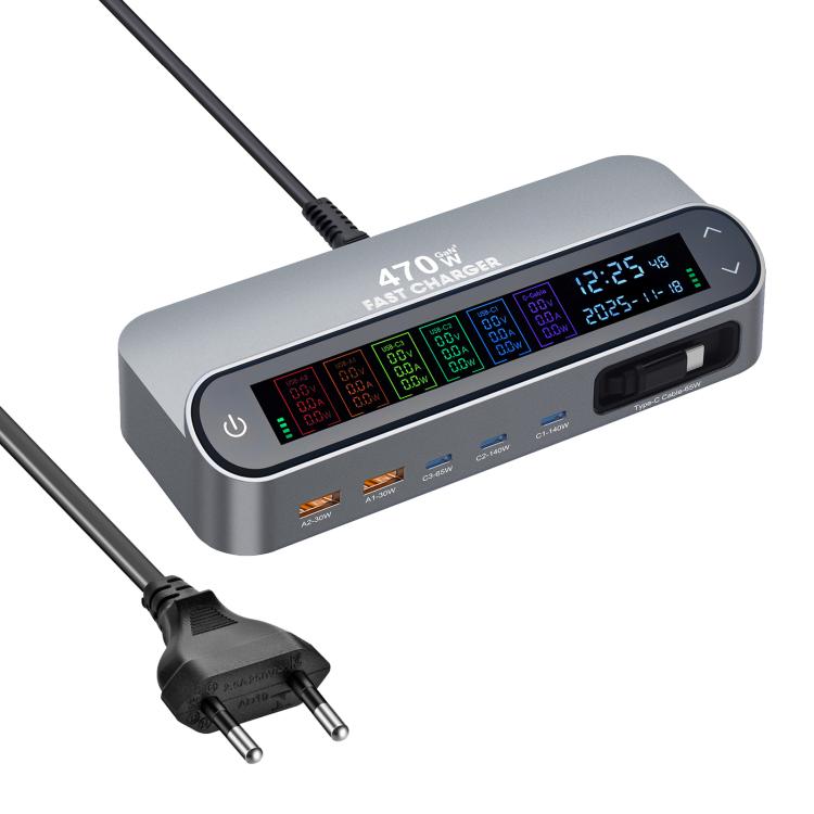 Carregador multifunções inteligente GaN YMX-LCD470W 470W com 3xType-C e 2xUSB, ecrã digital, cabo retrátil Type-C, ficha AU, ficha EU, ficha UK, ficha US