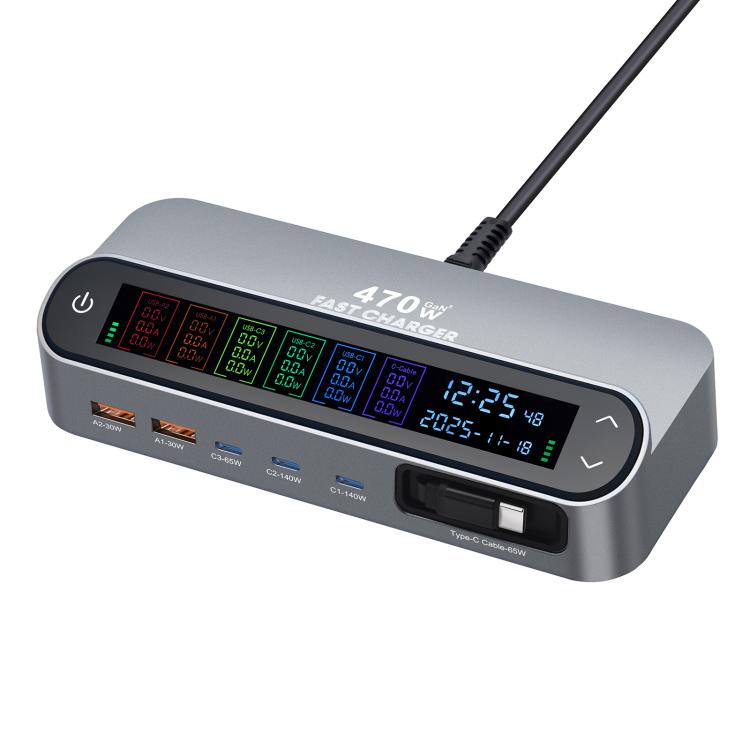 Carregador multifunções inteligente GaN YMX-LCD470W 470W com 3xType-C e 2xUSB, ecrã digital, cabo retrátil Type-C, ficha AU, ficha EU, ficha UK, ficha US