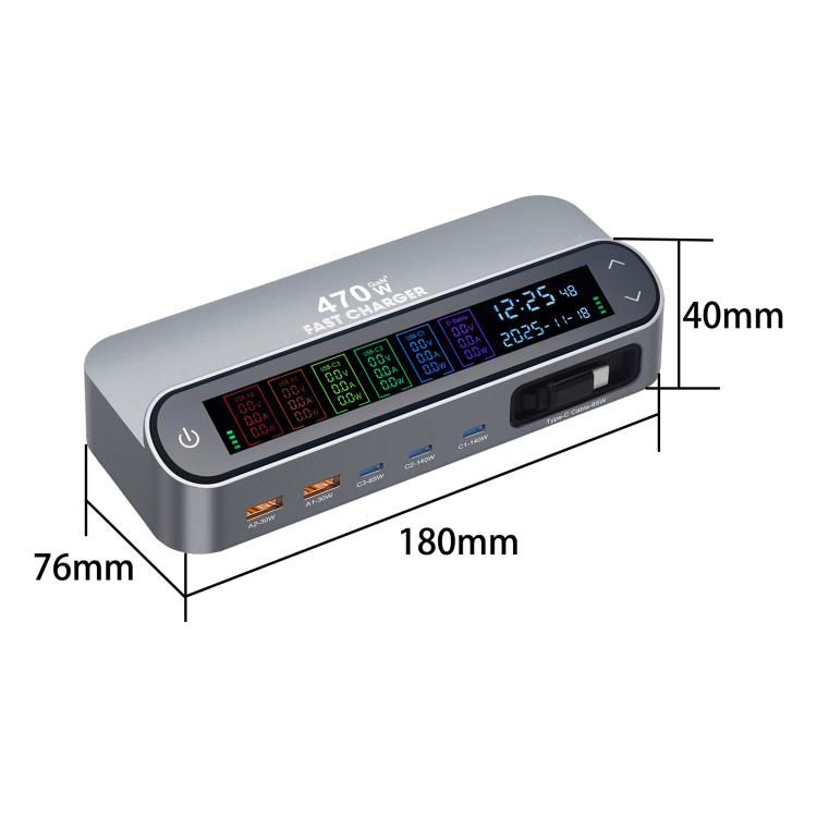 Carregador multifunções inteligente GaN YMX-LCD470W 470W com 3xType-C e 2xUSB, ecrã digital, cabo retrátil Type-C, ficha AU, ficha EU, ficha UK, ficha US