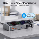 Carregador multifunções inteligente GaN YMX-LCD470W 470W com 3xType-C e 2xUSB, ecrã digital, cabo retrátil Type-C, ficha AU, ficha EU, ficha UK, ficha US