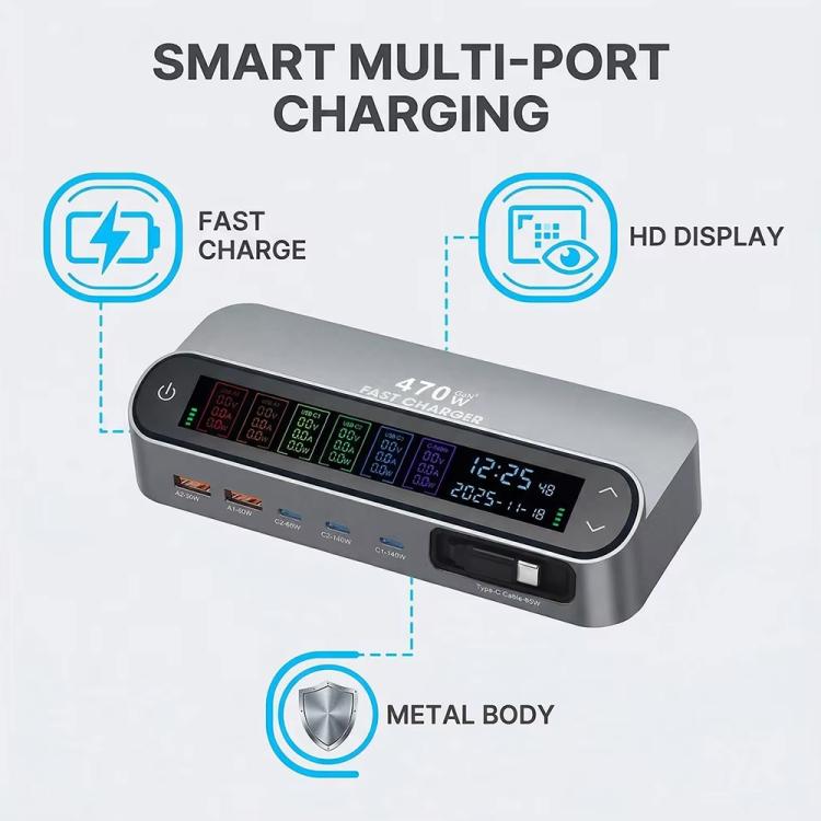Carregador multifunções inteligente GaN YMX-LCD470W 470W com 3xType-C e 2xUSB, ecrã digital, cabo retrátil Type-C, ficha AU, ficha EU, ficha UK, ficha US