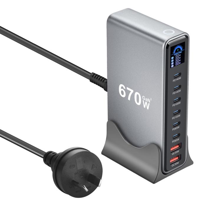 Carregador multifunções digital GaN YMX-LCD670W 670W com 6xType-C e 2xUSB, ficha AU, ficha EU, ficha UK, ficha US
