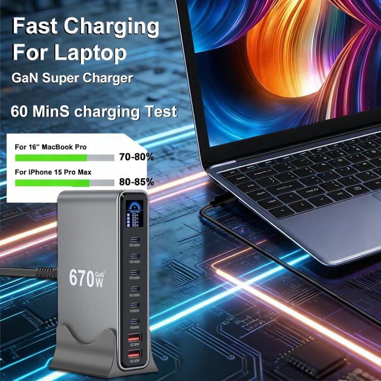YMX-LCD670W 670W 6xType-C and 2xUSB GaN Digital Display Multi-Function Charger, AU Plug, EU Plug, UK Plug, US Plug