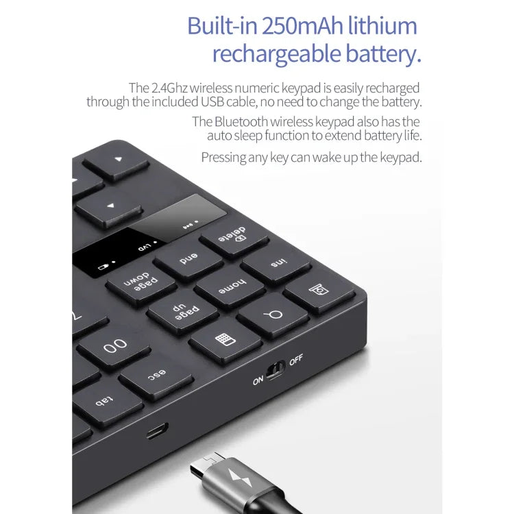Teclado Digital Ultra-fino 533 com 35 Teclas e Carregamento Sem Fios 2.4G