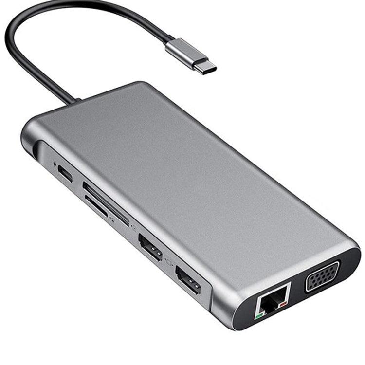 Estação de Acoplamento HUB 12 em 1 HDMI x2 + USB3.0 + USB2.0 + Carregamento PD + VGA + RJ45 + Jack 3.5mm + TF/SD x2 Tipo-C / USB-C