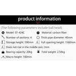 BEXIN ST424C Tripé Grande Fotográfico em Fibra de Carbono Resistente para Filmadora, Tubo Máximo: 40mm, ST424C