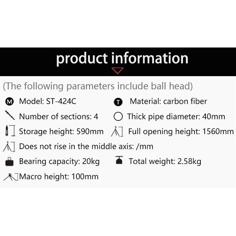 BEXIN ST424C Tripé Grande Fotográfico em Fibra de Carbono Resistente para Filmadora, Tubo Máximo: 40mm, ST424C