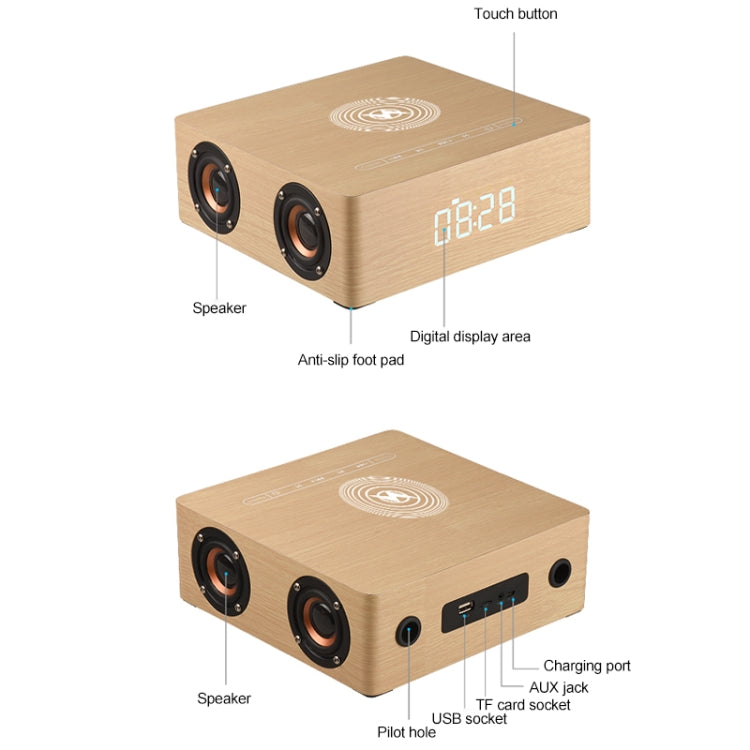 Relógio de Madeira Multifuncional com Ecrã Tátil Coluna Bluetooth com Carregamento Sem Fios, Suporta Cartão TF & Disco U & AUX 3,5mm, Q5A