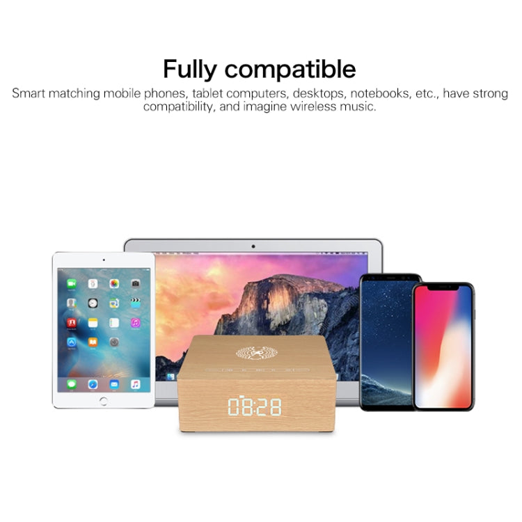 Relógio de Madeira Multifuncional com Ecrã Tátil Coluna Bluetooth com Carregamento Sem Fios, Suporta Cartão TF & Disco U & AUX 3,5mm, Q5A