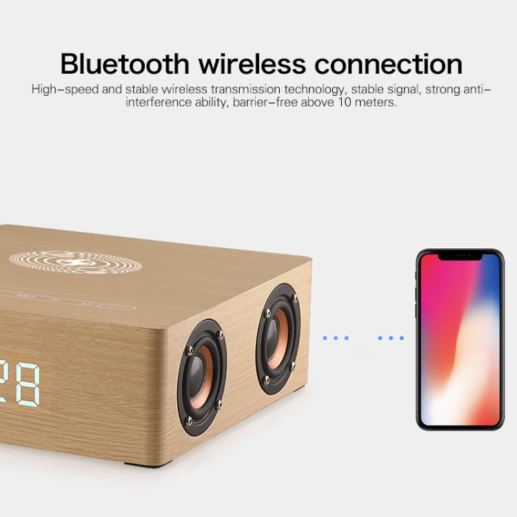 Relógio de Madeira Multifuncional com Ecrã Tátil Coluna Bluetooth com Carregamento Sem Fios, Suporta Cartão TF & Disco U & AUX 3,5mm, Q5A