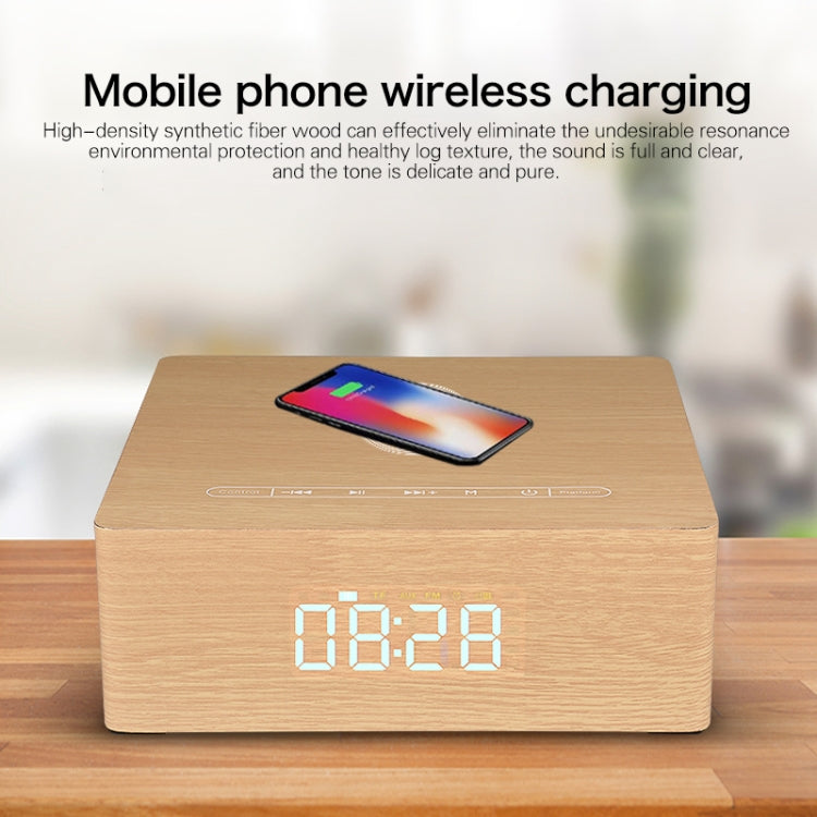 Relógio de Madeira Multifuncional com Ecrã Tátil Coluna Bluetooth com Carregamento Sem Fios, Suporta Cartão TF & Disco U & AUX 3,5mm, Q5A