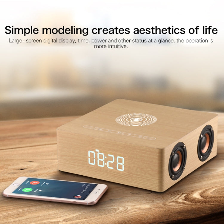 Relógio de Madeira Multifuncional com Ecrã Tátil Coluna Bluetooth com Carregamento Sem Fios, Suporta Cartão TF & Disco U & AUX 3,5mm, Q5A