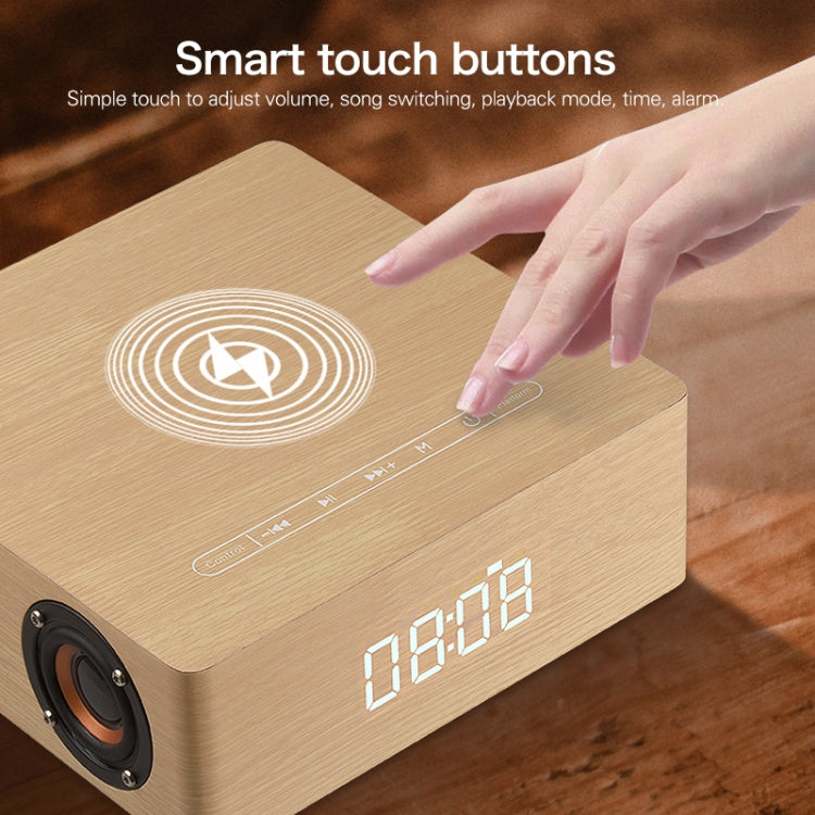 Relógio de Madeira Multifuncional com Ecrã Tátil Coluna Bluetooth com Carregamento Sem Fios, Suporta Cartão TF & Disco U & AUX 3,5mm, Q5A