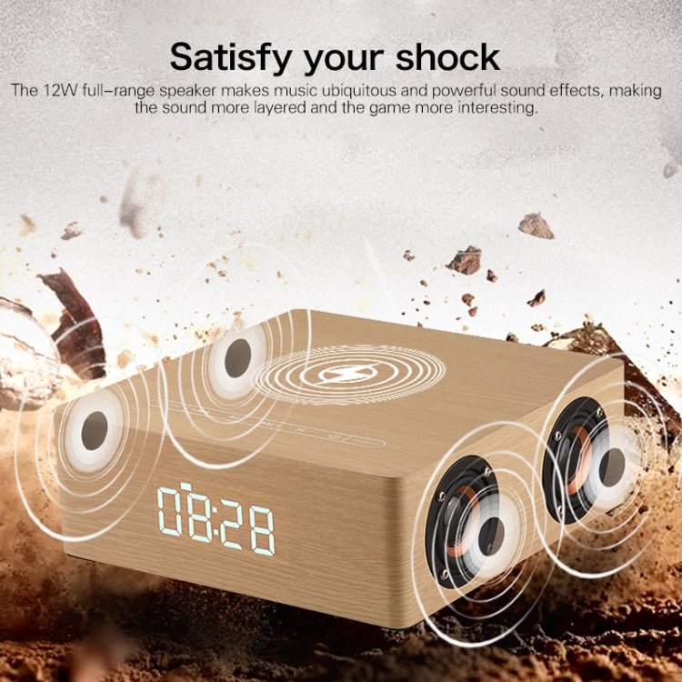 Relógio de Madeira Multifuncional com Ecrã Tátil Coluna Bluetooth com Carregamento Sem Fios, Suporta Cartão TF & Disco U & AUX 3,5mm, Q5A