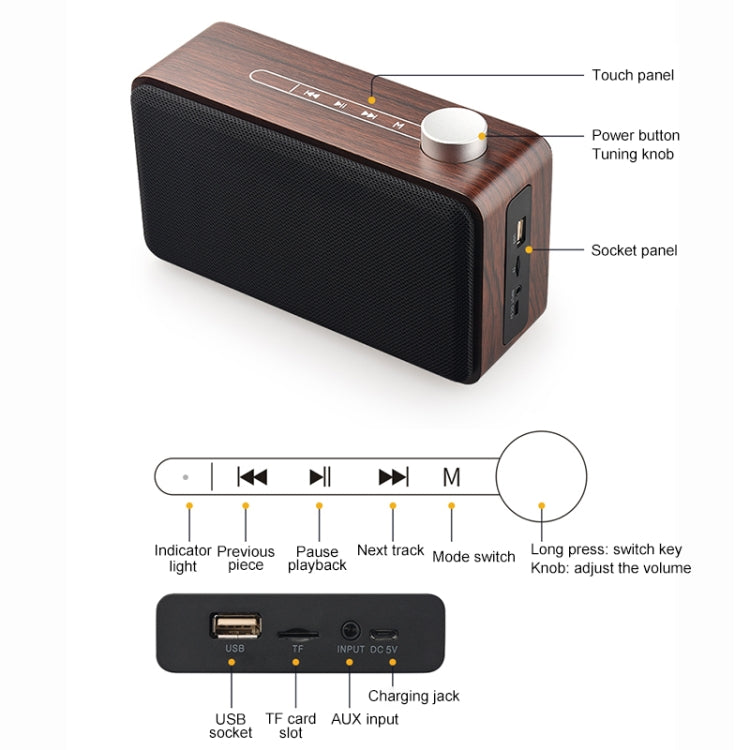 Coluna Bluetooth de Madeira com Subwoofer e Tecido com Ecrã Tátil W5A, Suporta Cartão TF & Disco U & AUX 3,5mm, Nogueira, Madeira Amarela