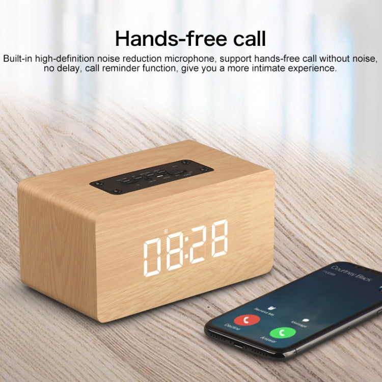 Coluna Bluetooth W5C Subwoofer em madeira com relógio, suporta cartão TF e AUX 3,5 mm, madeira castanha, madeira amarela