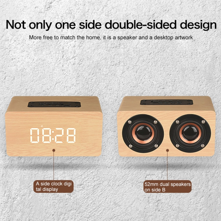 Coluna Bluetooth W5C Subwoofer em madeira com relógio, suporta cartão TF e AUX 3,5 mm, madeira castanha, madeira amarela