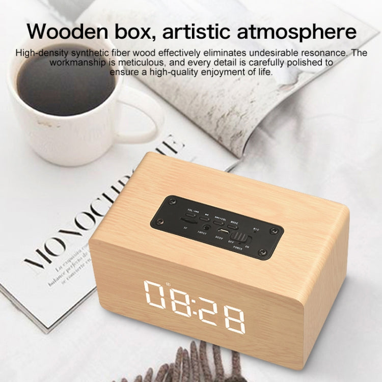 Coluna Bluetooth W5C Subwoofer em madeira com relógio, suporta cartão TF e AUX 3,5 mm, madeira castanha, madeira amarela