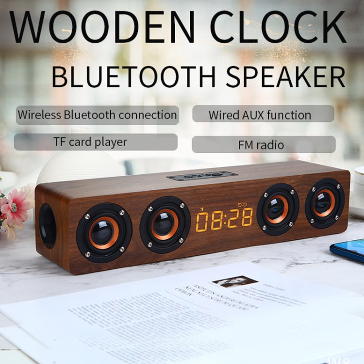 Coluna Bluetooth de Madeira com Relógio e Subwoofer W8C, Suporta Cartão TF & Disco U & AUX 3,5mm
