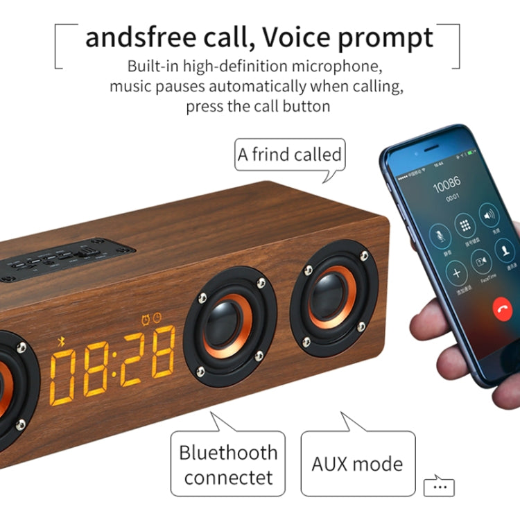 Coluna Bluetooth de Madeira com Relógio e Subwoofer W8C, Suporta Cartão TF & Disco U & AUX 3,5mm