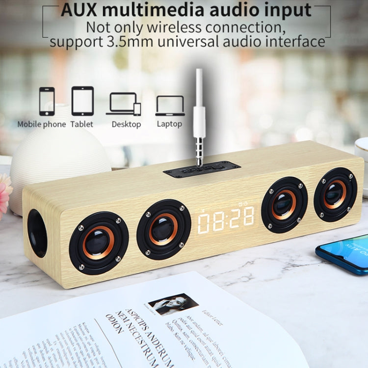 Coluna Bluetooth de Madeira com Relógio e Subwoofer W8C, Suporta Cartão TF & Disco U & AUX 3,5mm