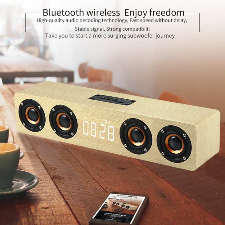 Coluna Bluetooth de Madeira com Relógio e Subwoofer W8C, Suporta Cartão TF & Disco U & AUX 3,5mm